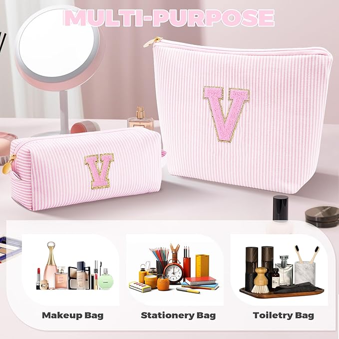 Personalized Makeup Bag for Women Girls - Fashion Cosmetic Bag Trendy Travel Toiletry Bag with Initials Letter - Teen Gifts - Pink,V