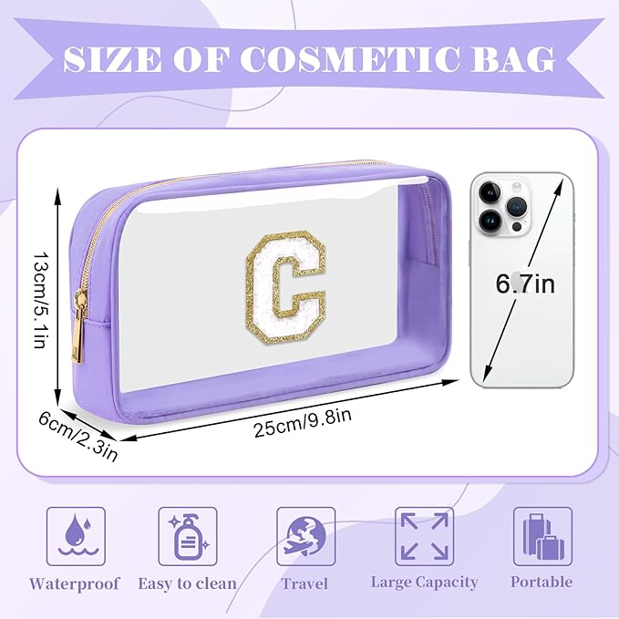 Personalized Initial Letter Clear Makeup Bag,Preppy Small Nylon&PVC Cosmetic Zipper Bag with Chenille Letter,Travel Skincare Toiletry Bag,Monogram Christmas Gift for Teen Girls Women,C