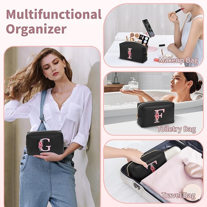 Personalized Initial Makeup Bag, Birthday Gifts for Women and Girls, Small Makeup Pouch Travel Toiletry Bag, Make Up Organizer Bag Gift Trendy Stuff for Friend Mom Teacher, Black