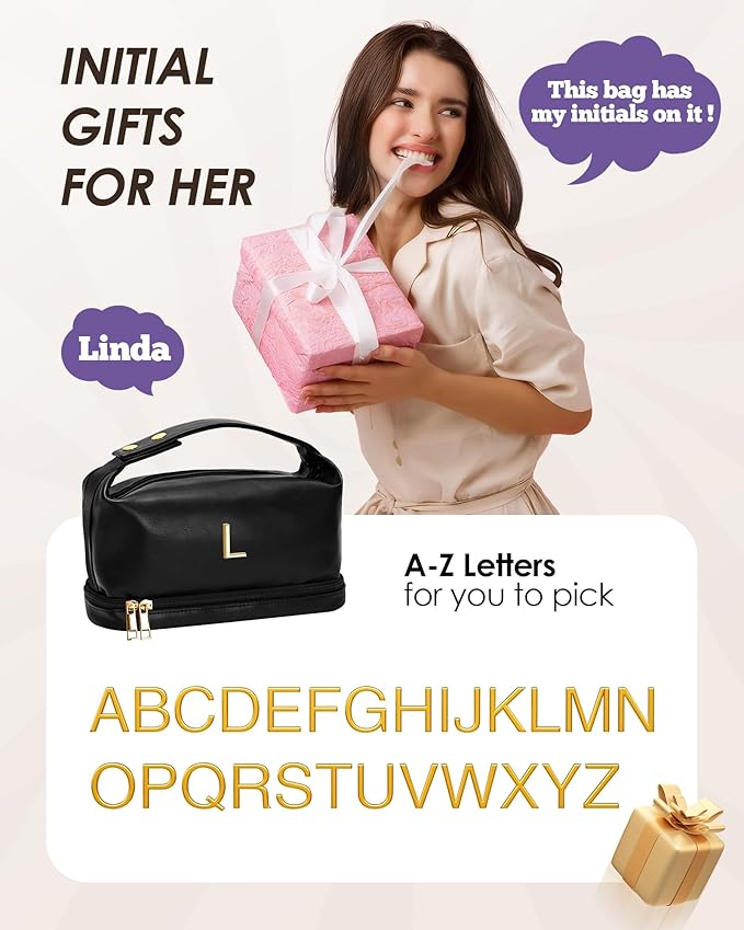 Gifts for Girl, Personalized Makeup Bag with Handle, Initial Double Layer Cosmetic Bag with Makeup Brush Organizer, PU Leather Travel Toiletry Bag, Gifts for Friends Female Mom