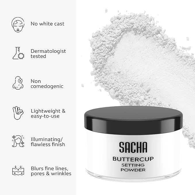 Sacha BUTTERCUP No Color Setting Powder. No Ashy Flashback. Blurs Fine Lines and Pores. Loose, Translucent Face Powder to Set Makeup Foundation or Concealer. For All Skin Tones, 1.75 oz.