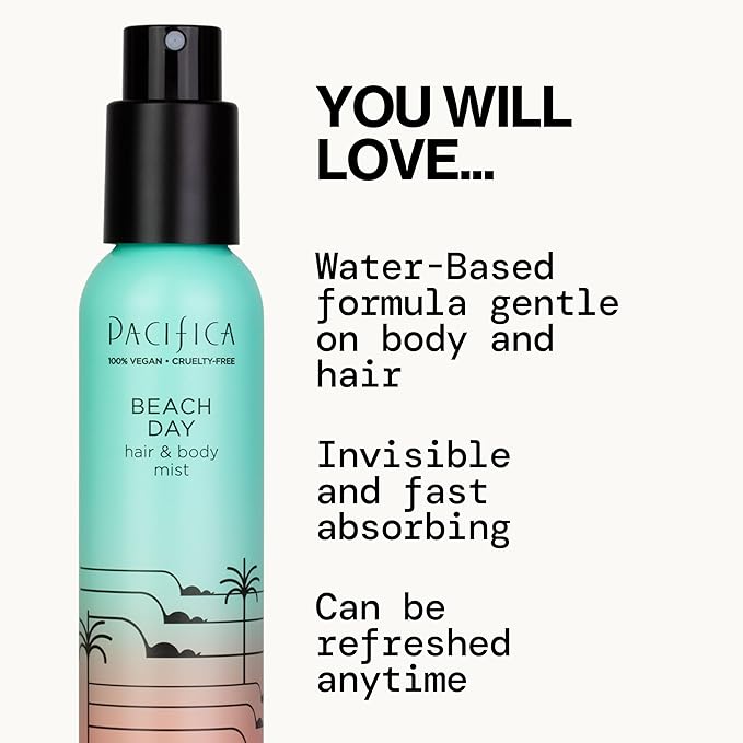 Pacifica Beach Day Hair Mist Perfume & Full Body Spray for Women - Body Mist Fragrance w/Bergamot, Orange Flower, Sandalwood, Amber, Musk & Suede Leather – Clean Beauty Alcohol-Free, Vegan 5 oz