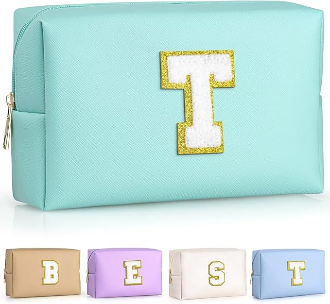 TOPEAST Preppy Stuff for Girls, Initial Makeup Bag Chenille Letter Pouch Cosmetic Bag with Zipper, PU Leather Waterproof Toiletry Bag, Cute Stuff Birthday Gift for Friends Sister (Blue T)