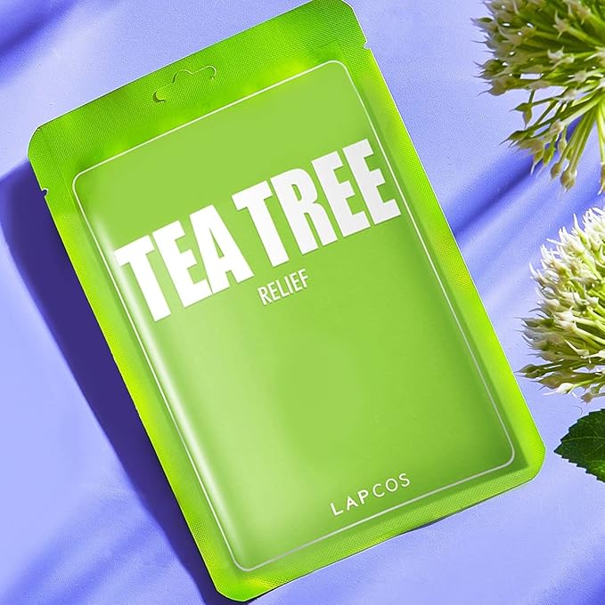 LAPCOS Tea Tree Sheet Mask, Daily Soothing Face Mask, Treats Acne & Clears Pores, Korean Beauty Favorite, 5-Pack