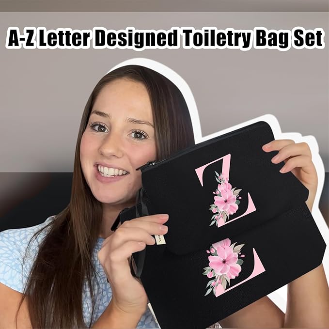 Vavabox A-Z Personalized Makeup Bag, Birthday Gifts for Women Mom, Gifts for Best Friend, Bride Bridesmaid Cosmetic bag (Z, 04-Black Set)