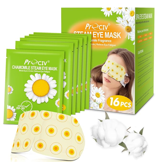 ProCIV 16 Packs Steam Eye Masks for Dry Eyes Heating Eye Mask Warm Compress for Eyes Relief Stress, Eye Fatigue Travel Essential Self Heating Moist Sleep Mask SPA Accessories