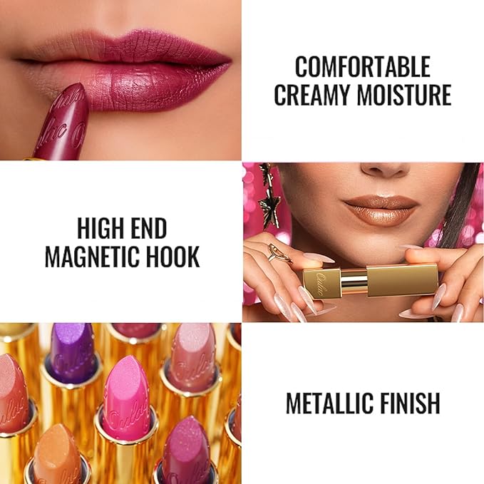 Oulac Metallic Light Pink & Sheer Lipstick Set - 2PCS Vegan Lightweight Hydrating Formula with High Impact Lip Color for Full Coverage Lip Makeup, Christmas Gifts for Women, 13+27