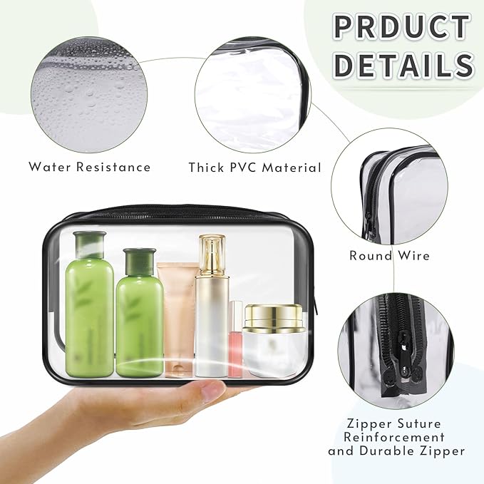 16 Pieces Clear Makeup Bags Bulk, TSA Approved Toiletry Bags Travel Pouch, Waterproof PVC Plastic Small Clear Cosmetic Bags with Zipper for Organizing (Black Border)