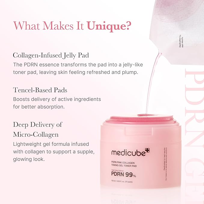 medicube Salmon DNA PDRN Pink Collagen Jelly Pad | Korean Gel Toner Pads with Niacinamide, Madecassoside, Retinol | Soothing, Radiance & Uneven Skin Tone | Korean Skin Care | 70Pads