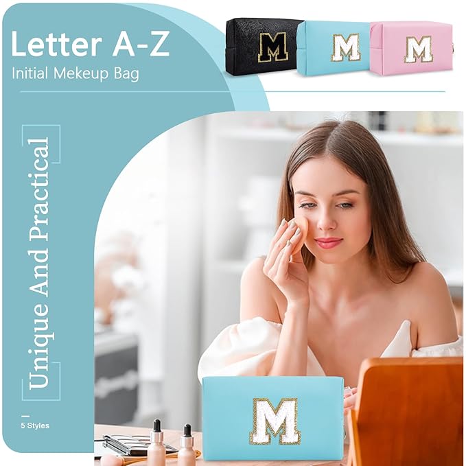 Small Personalized Initial A-Z Preppy Patch Makeup Bag,PU Chenille Letter Travel Cosmetic Pouch with Zipper,Blue Cute Toiletry Bag,Gift Ideal for Teen Girls Women Teacher Bridesmaid,Letter M