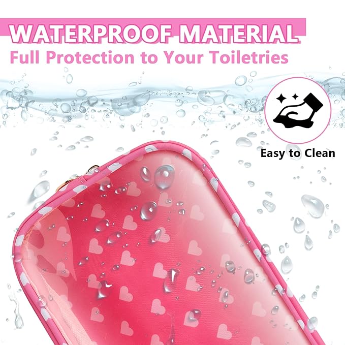 Clear Small Makeup Bag with Zipper, Nylon&PVC Cosmetic Travel Bag Preppy TSA Approved Toiletry Bag for Women Girls, Transparent Waterproof Makeup Pouches Cute Travel Bag for Purse(Small-Pink Heart)
