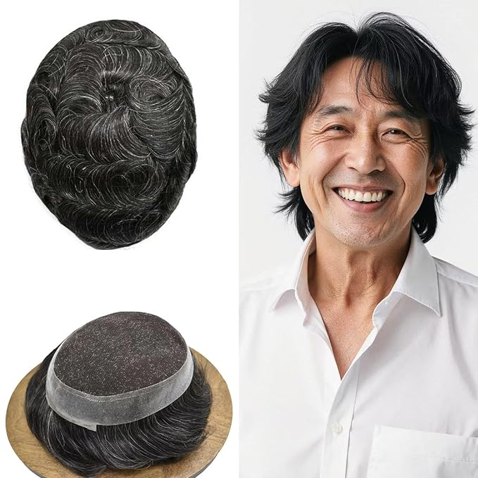 FACE MIRACLE Toupee for Men Lace Center Mens Toupee Hairpiece for Man Human Hair Replacement System Lace Center with Poly around Hair Units Mens Wig Hair Prosthesis 6"X9" #1B10