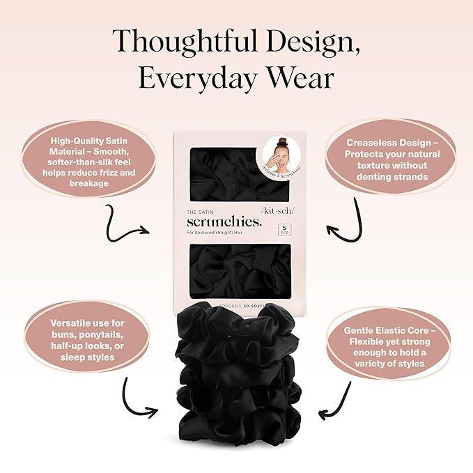 Kitsch Satin Scrunchies for Women – No Crease Hair Ties – Soft Satin Hair Scrunchies for Girls – Frizz Free, Gentle, Stylish Hair Accessories | Ideal Gifts for Women – Black, 5 pcs