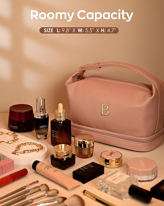 Teacher Appreciation Gifts, Personalized Makeup Bag with Handle, Initial Double Layer Cosmetic Bag with Makeup Brush Organizer, PU Leather Travel Toiletry Bag, Gifts for Friends Female Mom