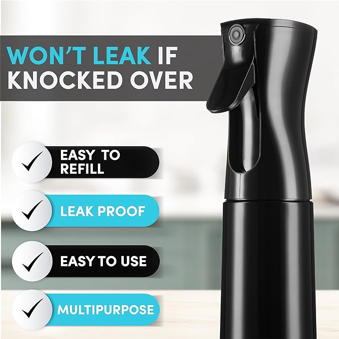 Hula Home Spray Bottle for Hair (10.1oz/300ml) - Powered by Flairosol® Spray Technology - Continuous Ultra Fine Mist Sprayer – For Hairstyling, Cleaning, Salons, Plants, Essential Oil & More - Black