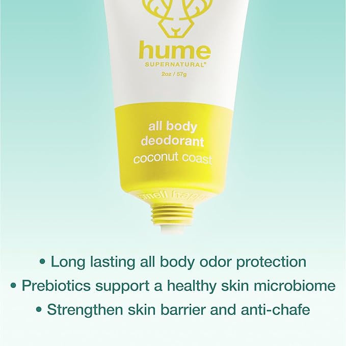 Hume Supernatural Invisible Whole Body Deo Balm - Full Body Protection - Aluminum Free, No Baking Soda - Anti-Chafing Odor Control - Clinically Tested on Sensitive Skin (Coconut Coast, 3-Pack)