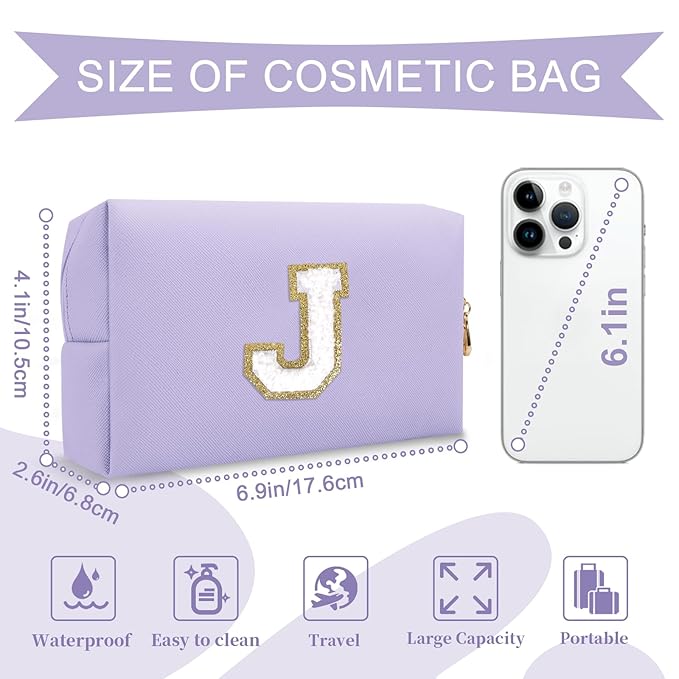 Personalized Makeup Bag Initial A-Z Preppy Patch Bag,Small PU Leather Travel Cosmetic Bag Pouch with Zipper,Purple Cute Toiletry Bag,Gift Ideal for Teen Girls Women Birthday Friend Mom,Latter J