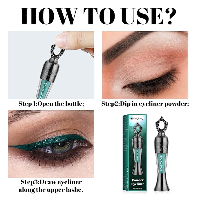 Sheda Powder Eyeliner, a handcrafted, 100% natural powder eyeliner, waterproof, long-lasting, rich, smudge-resistant color (Dark Green)