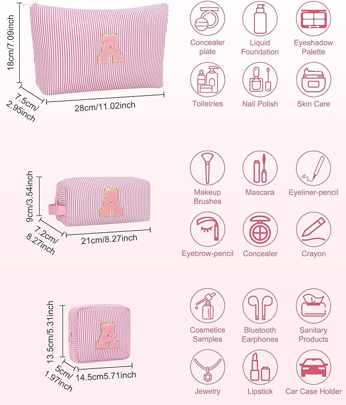 MONSTINA Personalized Initial Makeup Bag for Women,Monogram Make Up Case for Girlfriend Bridesmaid Wife,Birthday Gift for Her Cute Toiletry Bag,3PCS,Pink E