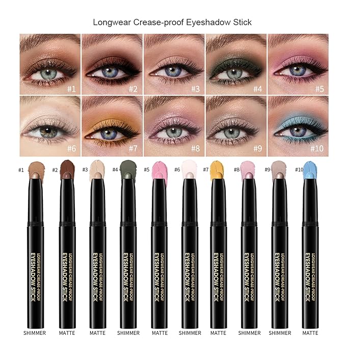 CHIFURE Eyeshadow Stick, Shimmer and Matte Cream Eye Shadow Brightener Sticks Eyeliner Pencil Crayon, Waterproof Long Lasting Eye Highlighter Stick Makeup,0.056 Oz (5PCS Shimmer)