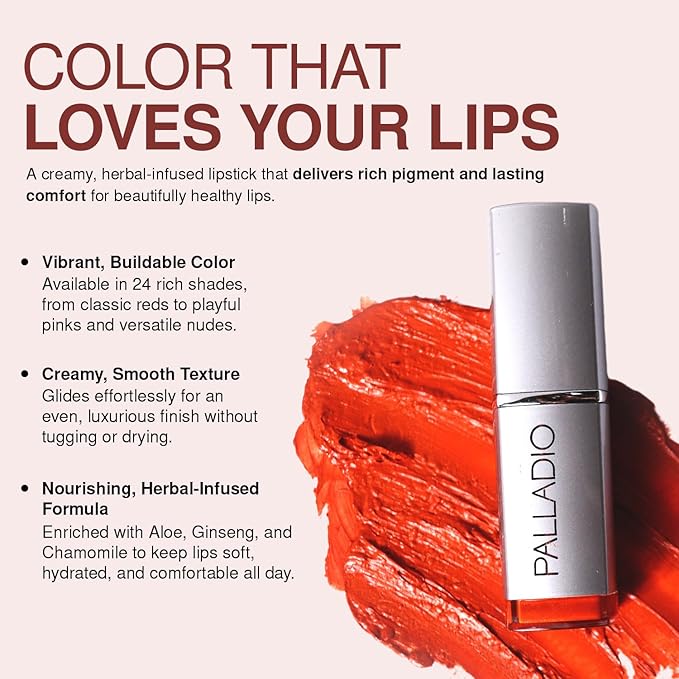Palladio Herbal Lipstick, Rich Pigmented and Creamy, Infused with Aloe Vera, Chamomile & Ginseng, Prevents Lips from Drying, Combats Fine Lines, Long Lasting Lipstick, Coral Punch