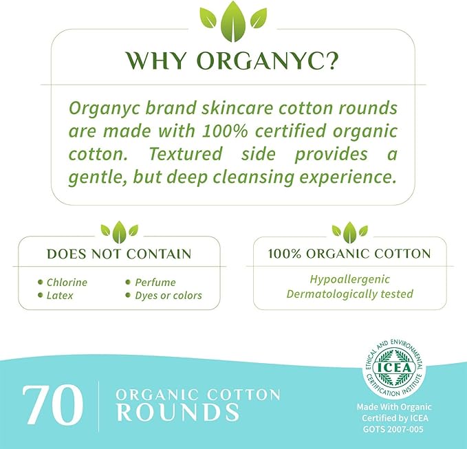 Organyc 100% Organic Cotton Rounds - Biodegradable Cotton, Chemical Free, For Sensitive Skin (70 Count) - Daily Cosmetics. Beauty and Personal Care
