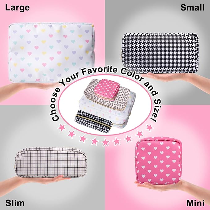 Nylon Small Makeup Bag for Purse, Cute Makeup Bag Preppy Cosmetic Zipper Pouch Purse, Waterproof Portable Travel Toiletry Bag Clutch Makeup Brush Bag Organizer Storage for Women Men Girl(White-Heart)