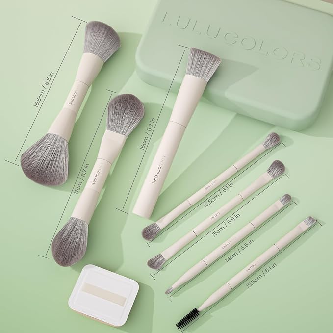 LULUCOLORS-Dual-Ended Makeup Brush Set with Sponge & Travel Case-13 Kinds of Multi-Functional Brushes for Face & Eyes – Soft Bristles, Easy Travel Brush Set (Mint Green)