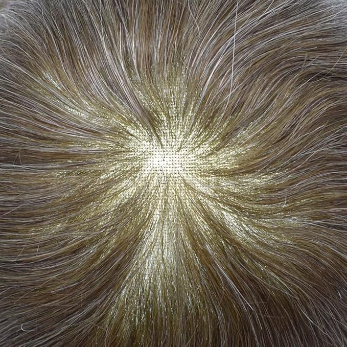 FACE MIRACLE French Lace Mens Toupee Human Hair System Lace Center Toupee for Men Thin Skin PU Around Hair Replacement System V-Looped Mens Hair Wig 6"X8" #760 7# VERY LIGHT BROWN WITH 60% GREY