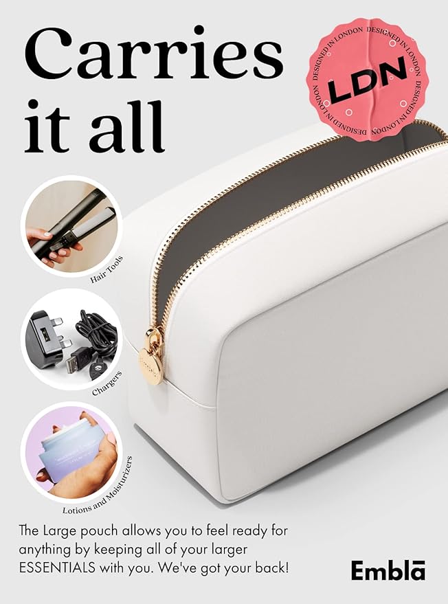 Embla Makeup Bag Travel Cosmetics Pouch and Toiletry Bag, Nylon Zipper Pouch Purse, Cute Make Up Organizer Storage Tote for Women Girls, Waterproof Travel Skincare Case, Large Makeup Bags, White