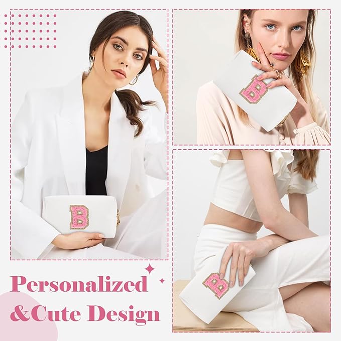 Personalized Makeup Bag Initial A-Z Preppy Patch Bag,Small PU Leather Travel Cosmetic Bag Pouch with Zipper,White Cute Toiletry Bag,Gift Ideal for Teen Girls Women Birthday Friend Mom,Letter B