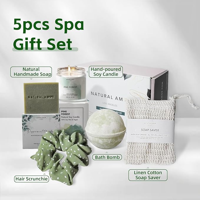 Natural Amor Green Spa Gift Set for Women, Peppermint Forest Bath Gift for her,5pc Bath & Body Gift Including Soap Bar, Candle, Bath Bomb