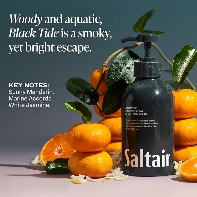 Saltair Body Wash, Black Tide 2-Pack. Moisturizing Body Cleanser with Monoi Oil and Cupuacu Butter. Luxury Shower Gel for Women and Men. Vegan, Cruelty-Free, Paraben-Free. 2x 17oz Pump Bottles