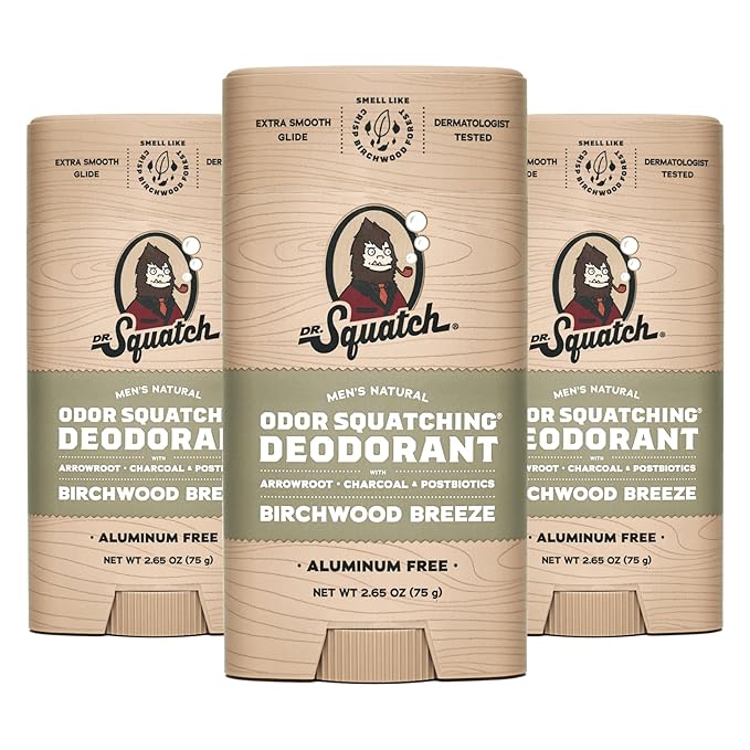 Dr. Squatch Natural Deodorant for Men - Odor-Squatching Aluminum Free - Birchwood Breeze (2.65 oz, 3-Pack)