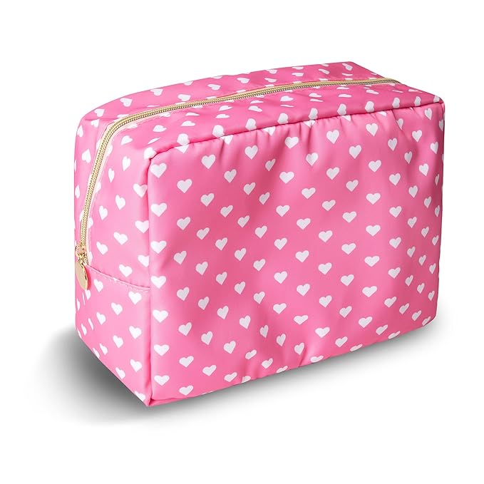 Large Makeup Bag Pouch, Nylon Women Travel Toiletry Storage Bag Preppy Cosmetic Bag for Girls, Big Makeup Organizer Bag Cute Zipper Pouch Skincare Bag for Sport School Work Gift(Large-Pink Heart)
