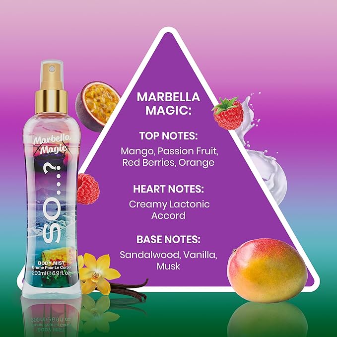 So…? Marbella Magic Body Mist Fruity Floral Body Spray for Women with Mango, Vanilla, Musk Notes - Gifts for Women - 6.9 oz