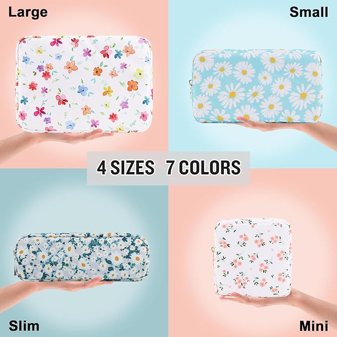 Nylon Small Floral Makeup Bag Slim Pouch, Preppy Cute Makeup Brush Case Bag Cosmetic Zipper Pouch for Purse, Waterproof Travel Toiletry Bag Coin Pouch Make Up Organizer for Women Girls(White-Flower)