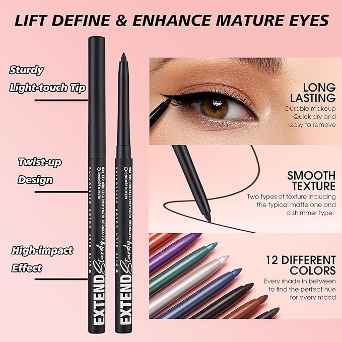 Black Shimmer Eyeliner Pencil Waterproof Retractable Black Gel Eyeliner Smudge-proof Hypoallergenic Makeup (12#)