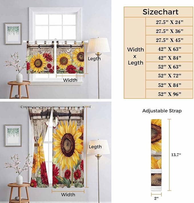Sunflowers Bathroom Curtains 63 Inch Length, Window Curtains Tab Top, Retro - Image 8