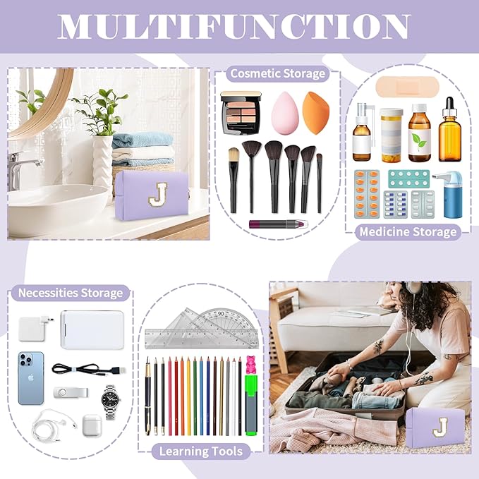 Personalized Makeup Bag Initial A-Z Preppy Patch Bag,Small PU Leather Travel Cosmetic Bag Pouch with Zipper,Purple Cute Toiletry Bag,Gift Ideal for Teen Girls Women Birthday Friend Mom,Latter J