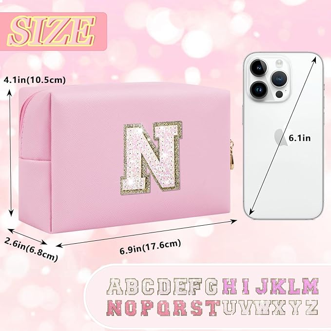 Personalized Initial Letter Makeup Bag, Small Glitter Letter Patch Cosmetic Pouch Zipper, Preppy Makeup Organizer PU Waterproof Travel Toiletry Bag, Monogrammed Birthday Gift for Women Girls