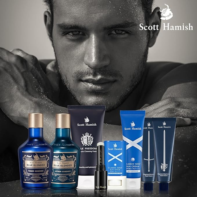 Scott Hamish Blue Blended Set - Skincare Set for Men with Face Wash, Face Toner & Facial Emulsion – Intensive Moisturizing and Conditioning Aftershave Kit Enriched - Bergamot & Musky Scent