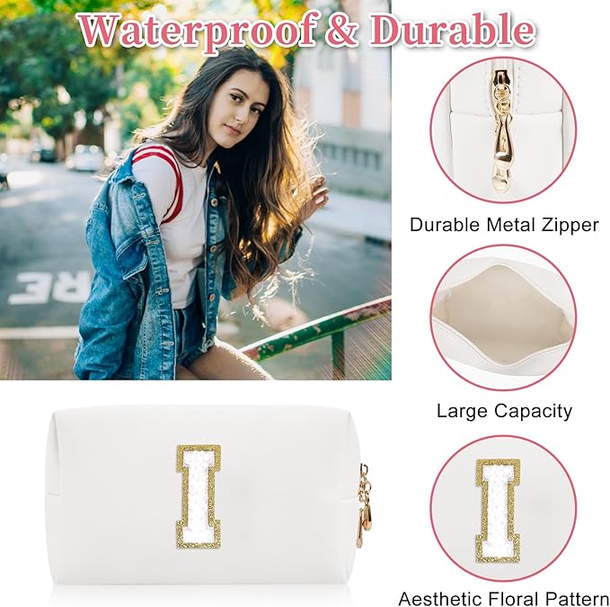 Personalized Initial Letter Patch Makeup Bag, Preppy Portable Chenille Letter Cosmetic Bag with Zipper, PU Leather Waterproof Travel Toiletry Bag Monogram Make Up Pouch for Women Girls(Letter I)