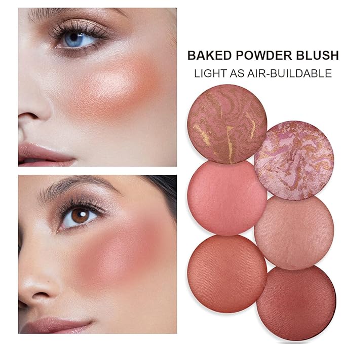 Baked Blush, Marbleized Blush for Cheeks, Shimmery Satin Finish Blushes Powder Palette, Buildable Color Natural Face Makeup Powder