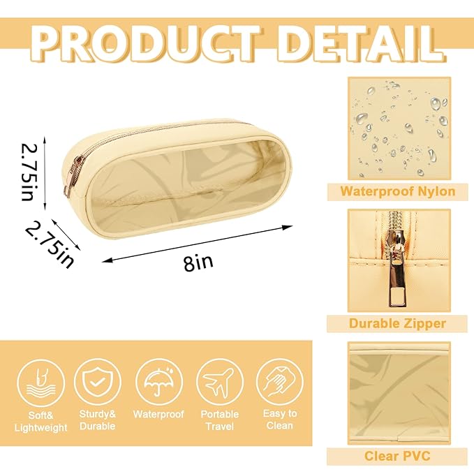 Clear Small Pencil Pouch Makeup Bag for Purse,Nylon&PVC Pencil Case Waterproof Makeup Brush Holder with Zipper,Preppy Transparent Pen Bag Travel Cosmetic Bag for Women Men Office(Slim-Beige)