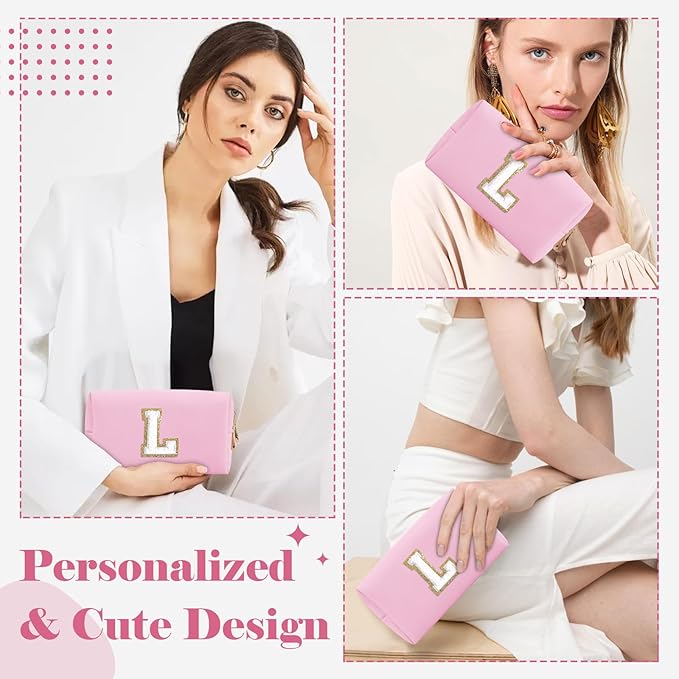 Personalized Initial A-Z Preppy Patch Makeup Bag,Small PU Chenille Letter Cosmetic Bag with Zipper for Teen Girls,Pink Cute Toiletry Organizer Bag,Monogram Makeup Case Gift for Women Girls,Letter L