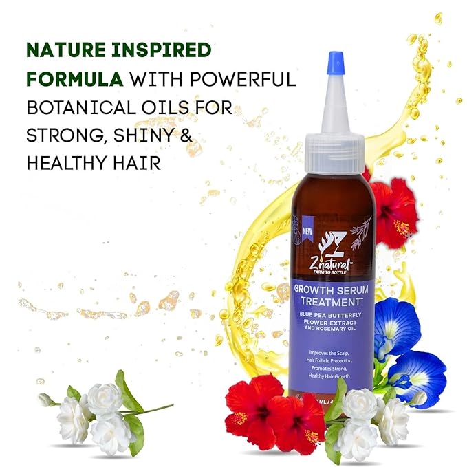 Z’Natural Scalp Hair Growth Treatment Oil – Natural Hair Oil with Blue Pea, Rosemary, Hibiscus, Jasmine & Moringa – Strengthens, Nourishes & Revitalizes Hair – Organic Oils 4Fl Oz
