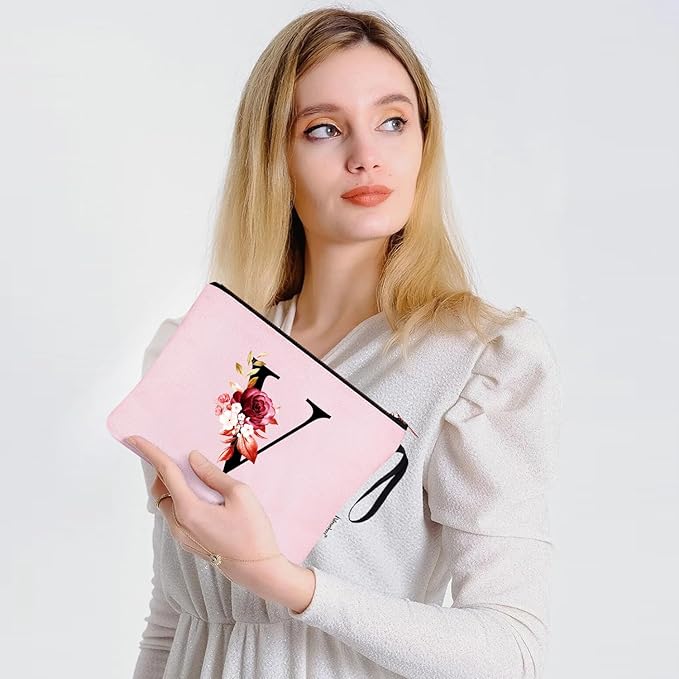 Vavabox A-Z Personalized Makeup Bag, Birthday Gifts for Women Mom, Gifts for Best Friend, Bride Bridesmaid Cosmetic bag (V, Pink)