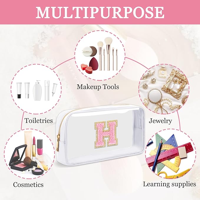 Small Clear Personalized Initial Makeup Bag,Nylon Preppy A-Z Chenille Letter Patch Cosmetic Pouch Beach Toiletry Bag,Waterproof Zipper Travel Purse Storage Bag Organizer for Women Girls(White-Pink H)