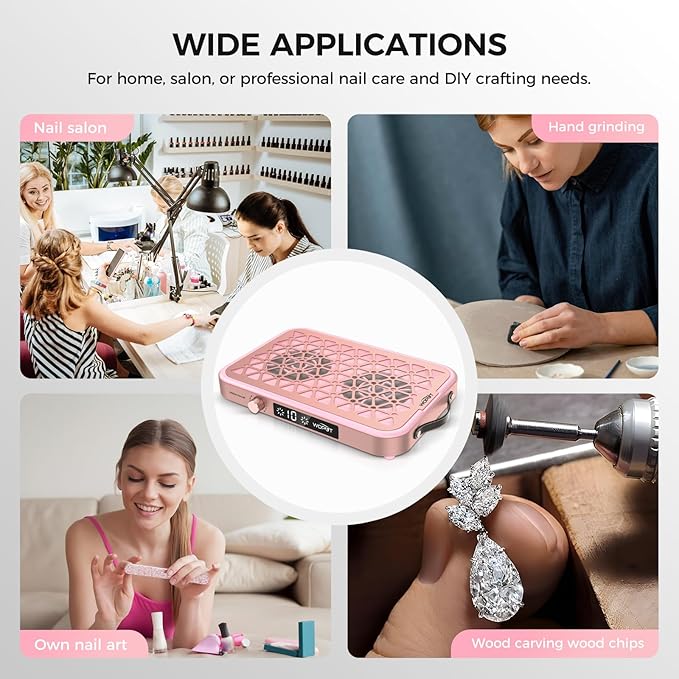 Nail Dust Collector, 1600PA Professional Nail Vacuum Dust Collector Fan with Filter Papers (30 Pcs) for Acrylic Nail Polishing & Manicure at Nail Salon & Home - Pink